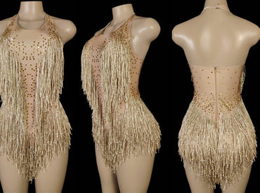 Sparkly Crystals Fringes Bodysuit Sexy Tassel Leotard Jazz Dance Costume One-piece