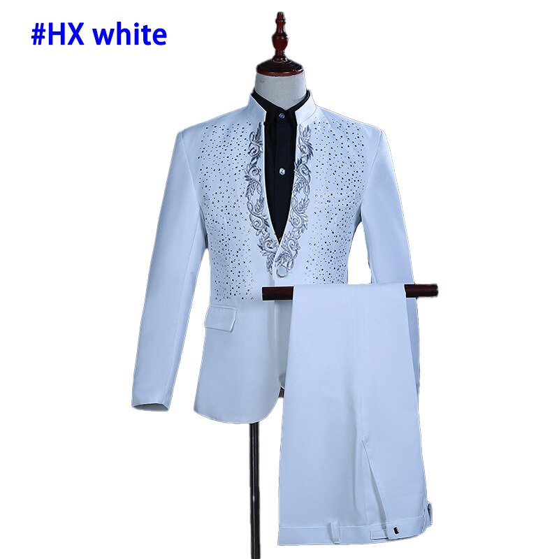 Gold Embroidery Suit Men Stand Collar Diamond Mens Blazer with Pants Wedding Groom Tuxedo Suits Stage Singer Party Costume Homme