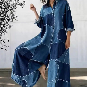 Red Heart Print Wide Leg Jumpsuits Woman Turn-down Collar Button Shirt Rompers Spring Long Sleeve Loose Imitation Denim Overalls