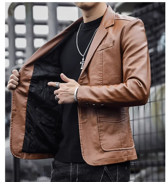 2024 New Men Business Casual Leather Jacket Black / khaki Fashion Male Suit Collar Coats Large Size 5XL Slim Fit Top