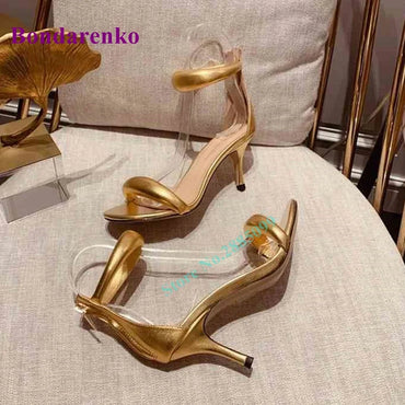 New Fshion Summer Women's Sandals Open Toe Ankle Strap Solid Stiletto Heel Hollow Sandals Women Shoes Party Dress Designer Shoe