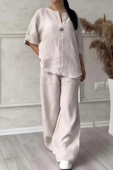 Women's Cotton and Linen Pants Suit Casual Solid Pullover Pants 2-piece Set White Pink Simple Wide Leg Pants Two Piece Set Suits