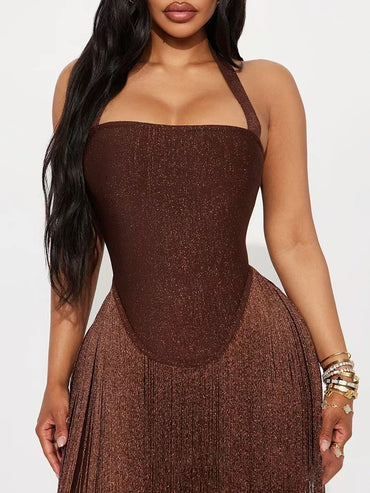 Vintage Sleeveless Halter Tassel Hem Dress Hot Girl Sleeveless Hollow Out Swing Dress Sexy Cocktail Party Backless Women's Dress