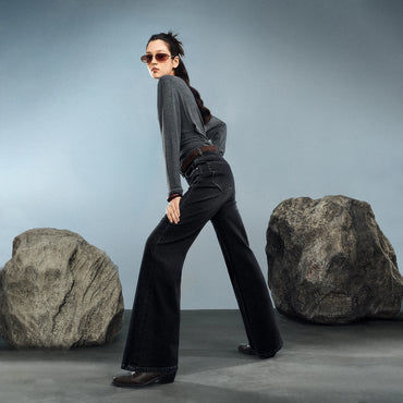 TOYOUTH Women Denim Jeans 2025 Autumn New Retro Lycra Micro Flare Pant