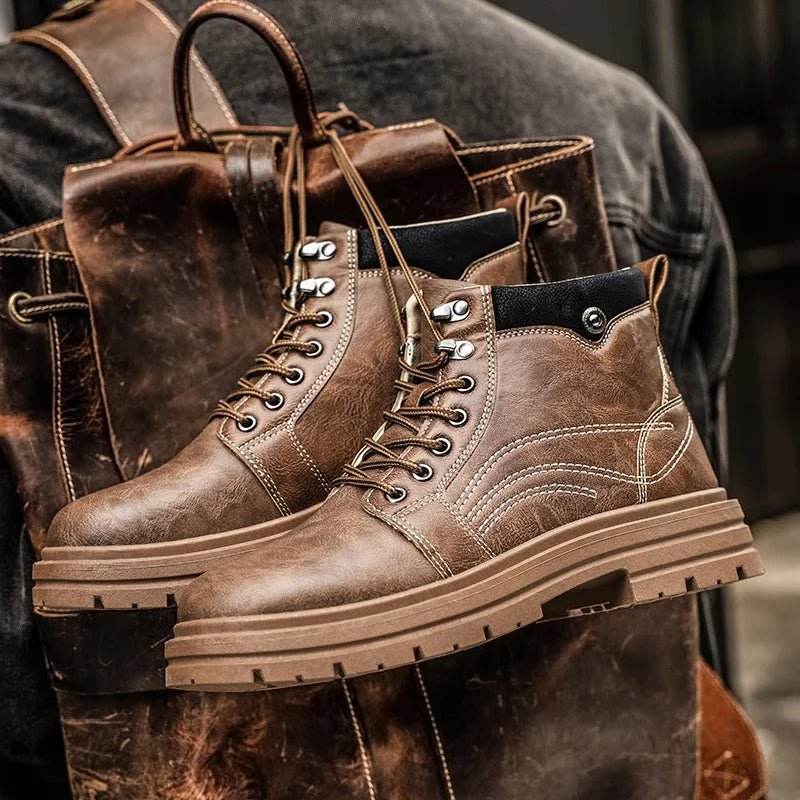 Mens Fashion Casual Boots Spring and Autumn New Versatile Thick Bottom Anti Slip Comfortable Leather Boots Men's Shoes Men Boots
