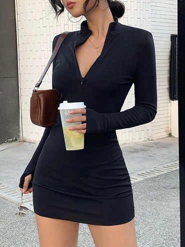 Spring Chic Women Simple Elegant Black Party Dresses New Fashion Long Sleeve Sexy Bodycon Dress Slim High Waist Mini Dress