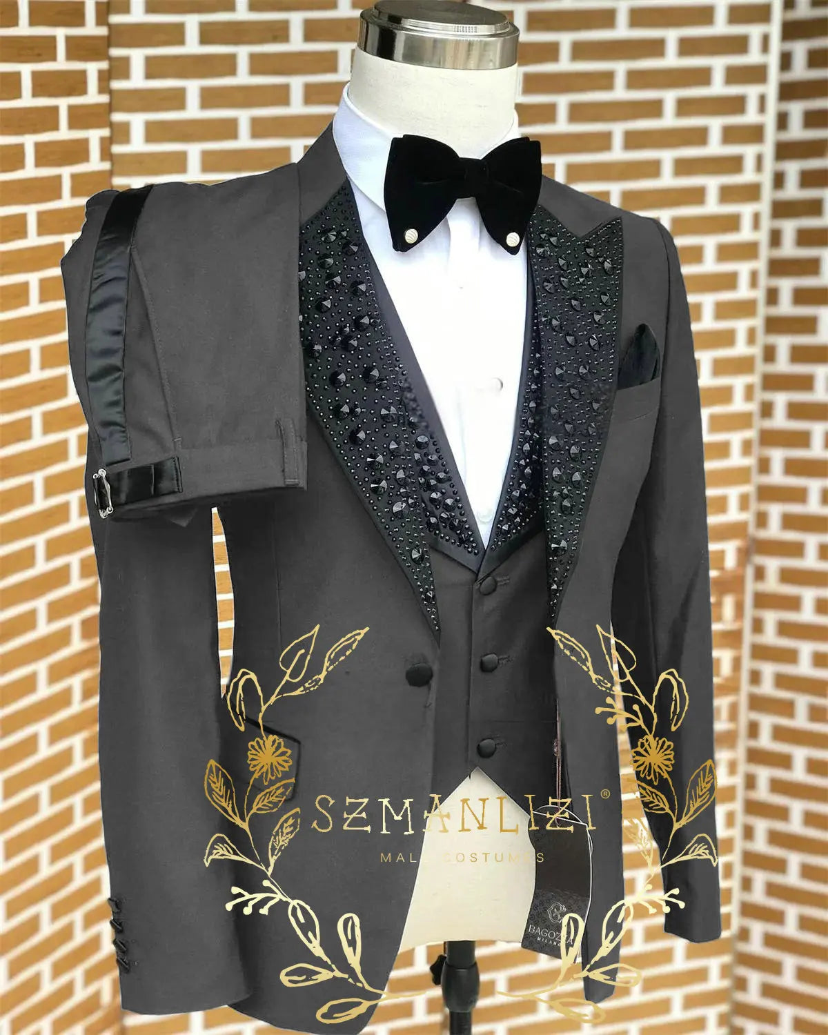 Black Men Suits Luxury Stone Crystal Tuxedos Bespoke Groom Wear 3 Pieces Business Male Prom Blazers Slim Fit Custome Homme