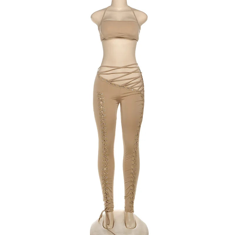 FAGADOER Sexy Bandage Patchwork 2 Piece Sets Woman Outfit Halter Sleeveless Crop Tops and Pants Matching Suit Female Streetwear