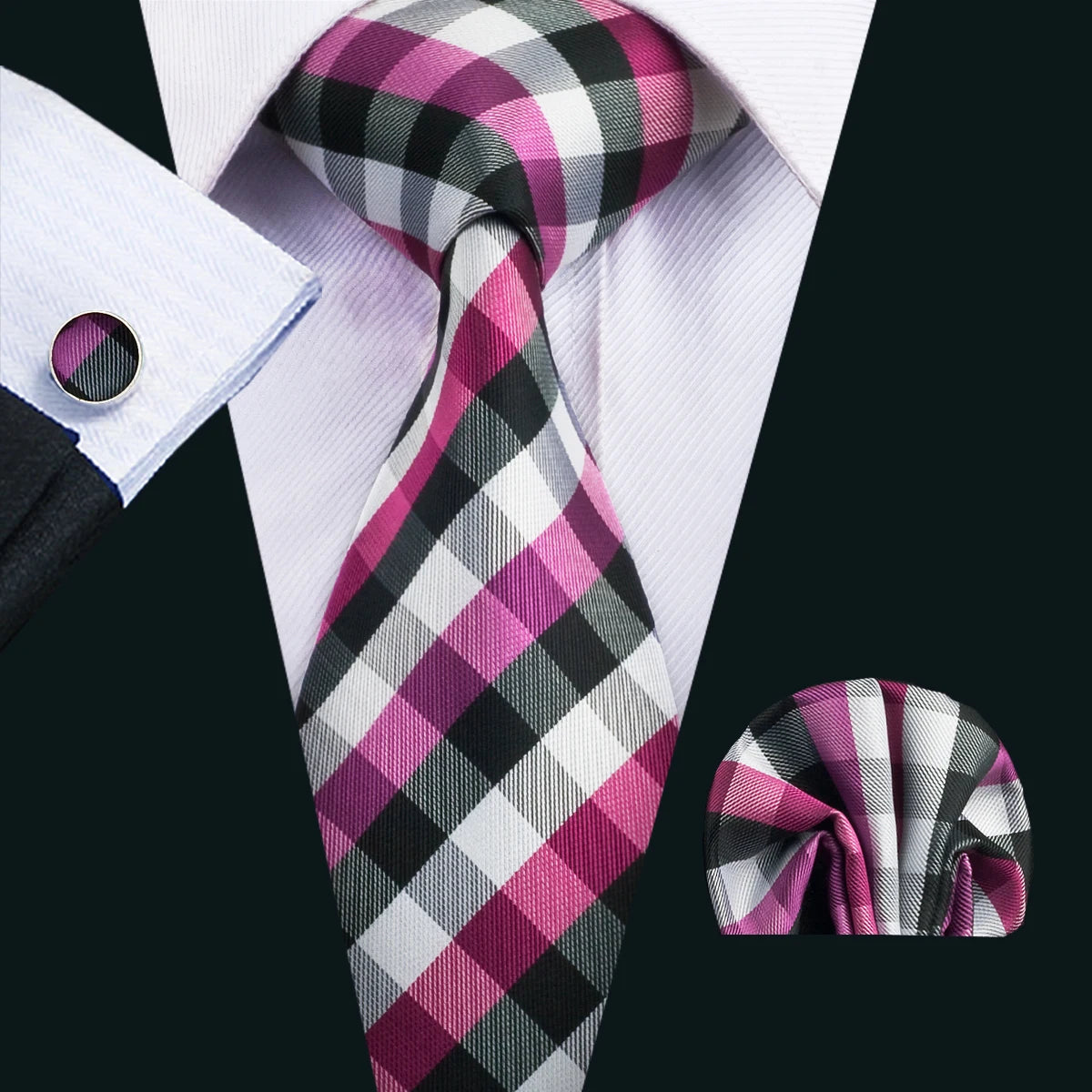 Barry.Wang Plaid Silk Men Tie Hanky Cufflinks Set Checked Jacquard Necktie for Male Formal Casual Wedding Business Party Events