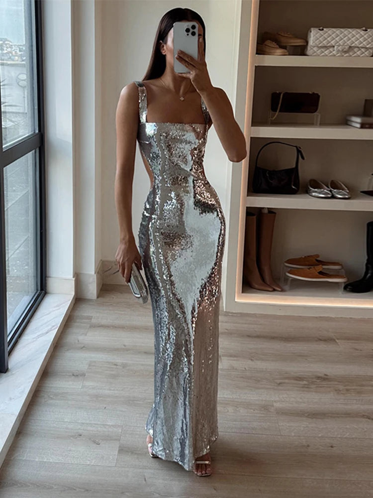 Sexy Sling Backless Silvery Maxi Dresses For Women Fashion High Waist Sexy Sling Backless Silvery Maxi Dresses For Women Fashion High Waist