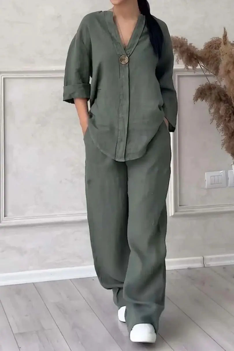 Women's Cotton and Linen Pants Suit Casual Solid Pullover Pants 2-piece Set White Pink Simple Wide Leg Pants Two Piece Set Suits