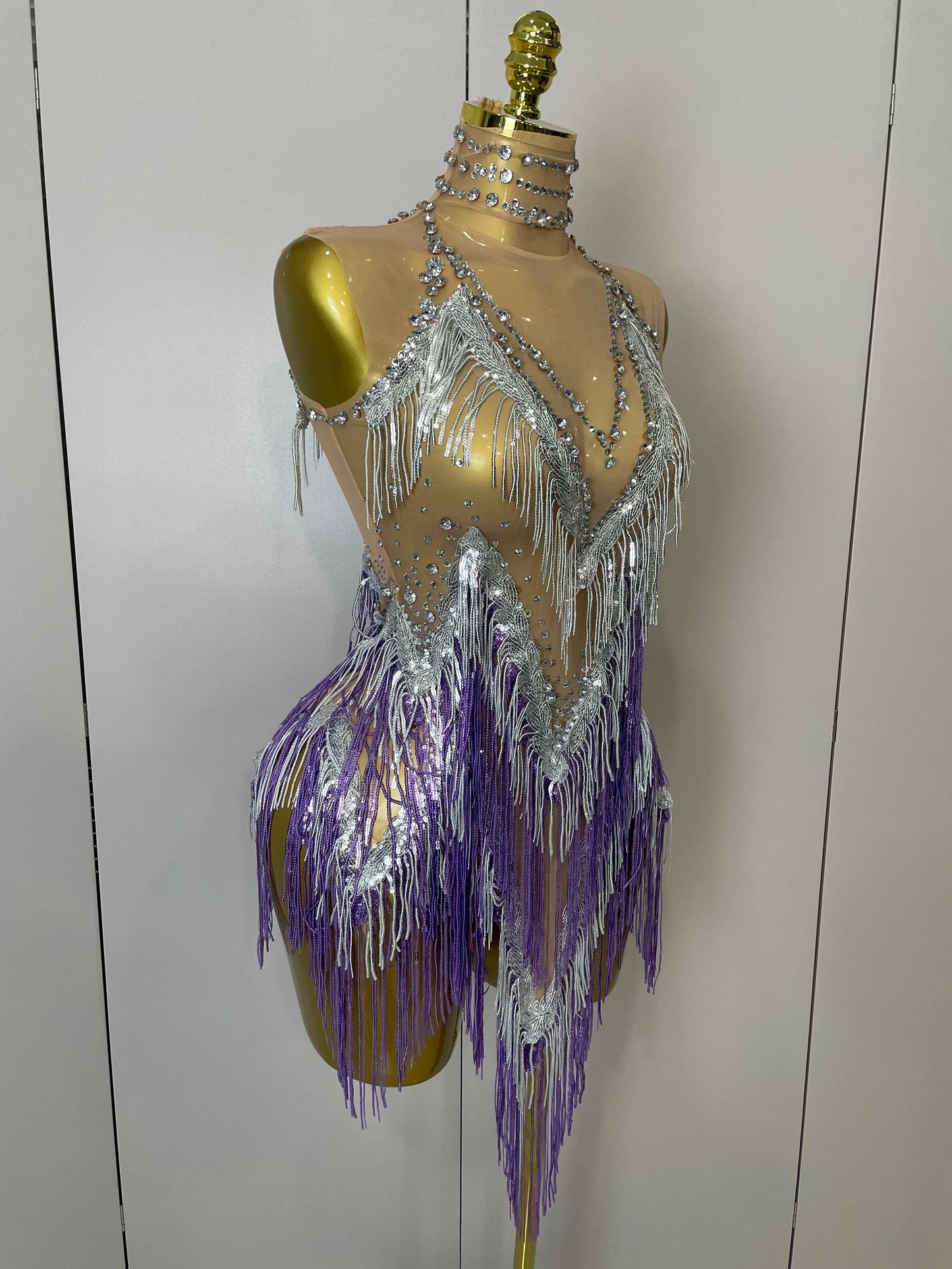 Stock 2025 Women Sexy Stretch Mesh Sparkly Rhinestone Tassels Mini Dress Nightclub Singer Dance Stage Costume Evening Gowns