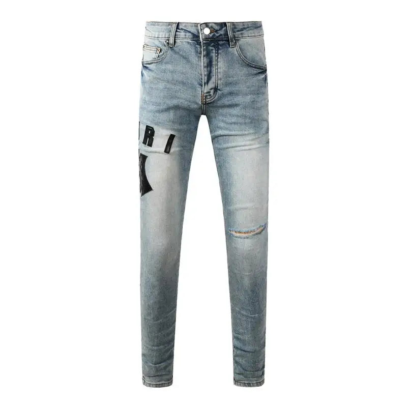 Fashion Top Quality Streetwear Distressed Men's Jeans Vintage Low Rise Stretch Skinny Button Fly Ripped Hold Pants