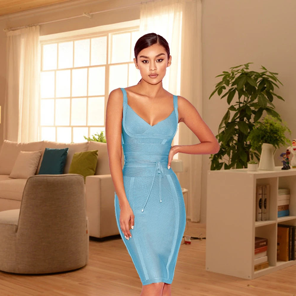2024 women white summer mid-length dress Sexy Lady Belt Spaghetti Strap Bandage Dress Party Club V Neck Bodycon