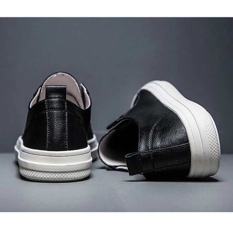 100% Genuine Leather Black White Shoes Men Casual Shoes Soft Flat Brand Cow Leather Cool Street Young Male Footwear D237