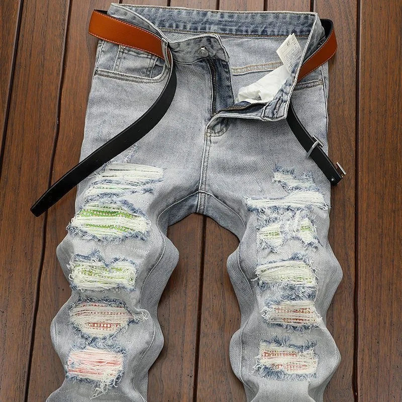 Spring and Autumn New Fashion Trend Sports Ripped Stretch Straight Leg Jeans Men's Casual Slim Breathable High-Quality Jeans