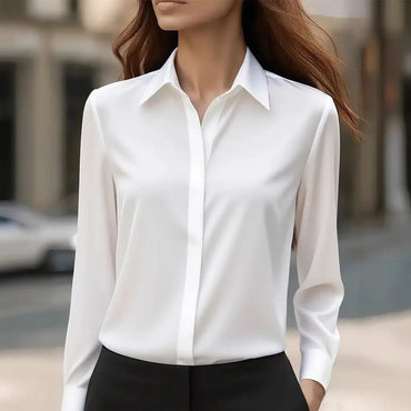 2025 New Women's Long-sleeved Shirt 10 Color Lapel Satin Button Cardigan Office Commuting Elegant Simple Top Basic Blouses
