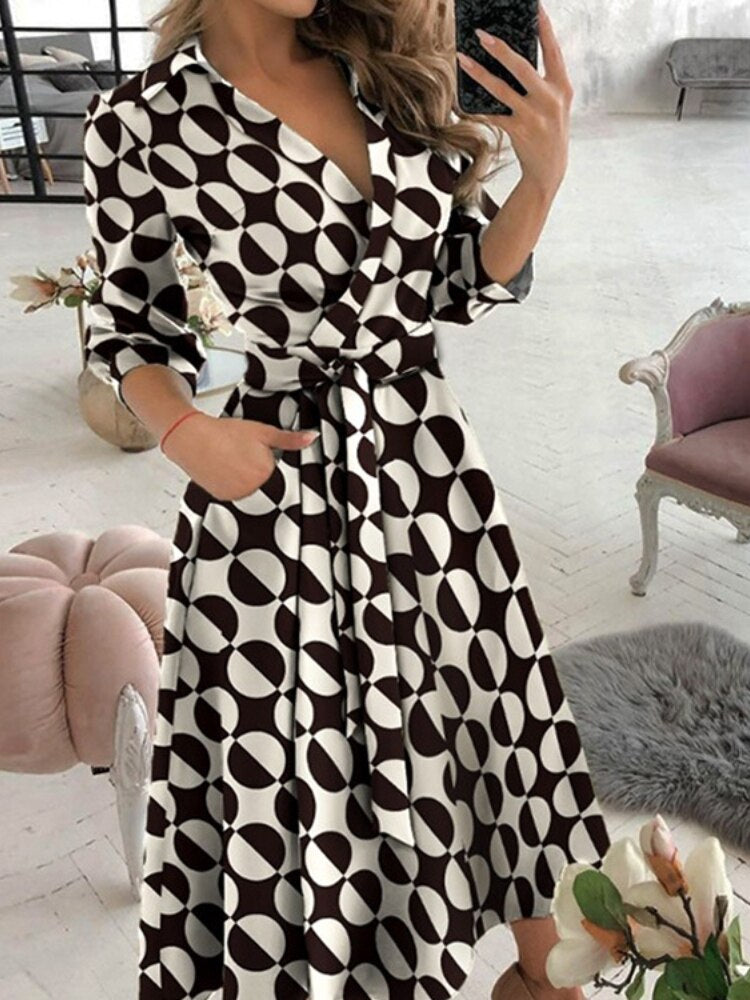 Dresses for Women 2023 Sexy Robe Mid Length Fashion Print Polo Neck Small Style Lace Up Waist Dress Long Summer Dresses Ladies