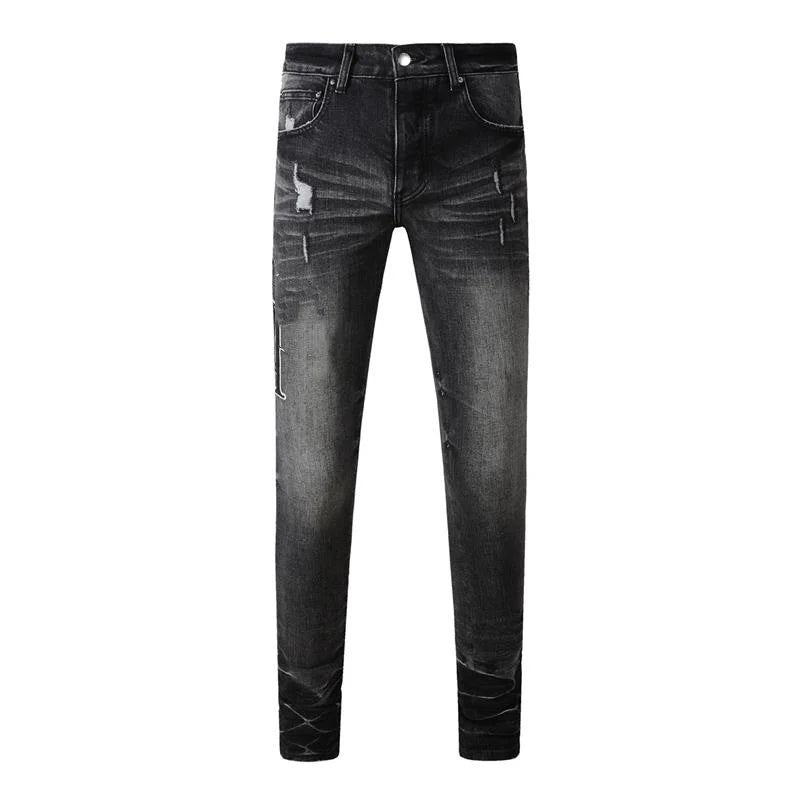 Fashion Top Quality Streetwear Distressed Men's Jeans Vintage Low Rise Stretch Skinny Button Fly Ripped Hold Pants