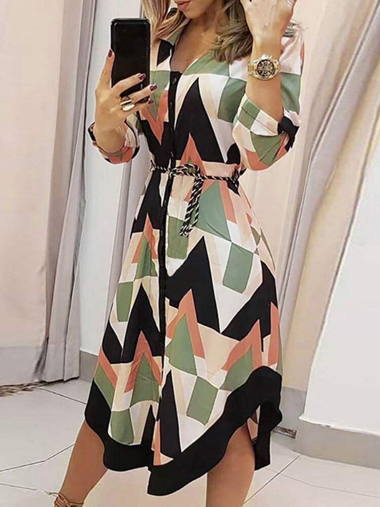 Dresses for Women 2023 Sexy Robe Mid Length Fashion Print Polo Neck Small Style Lace Up Waist Dress Long Summer Dresses Ladies