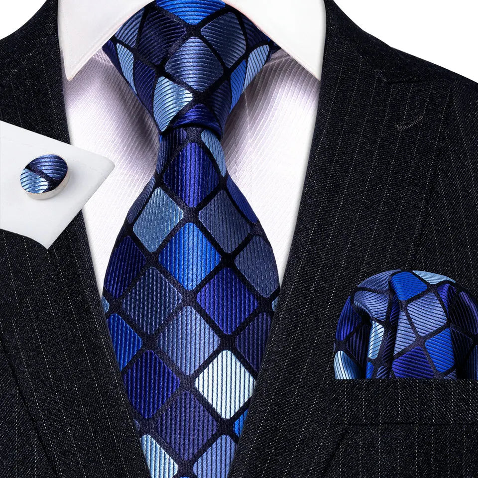 Barry.Wang Plaid Silk Men Tie Hanky Cufflinks Set Checked Jacquard Necktie for Male Formal Casual Wedding Business Party Events