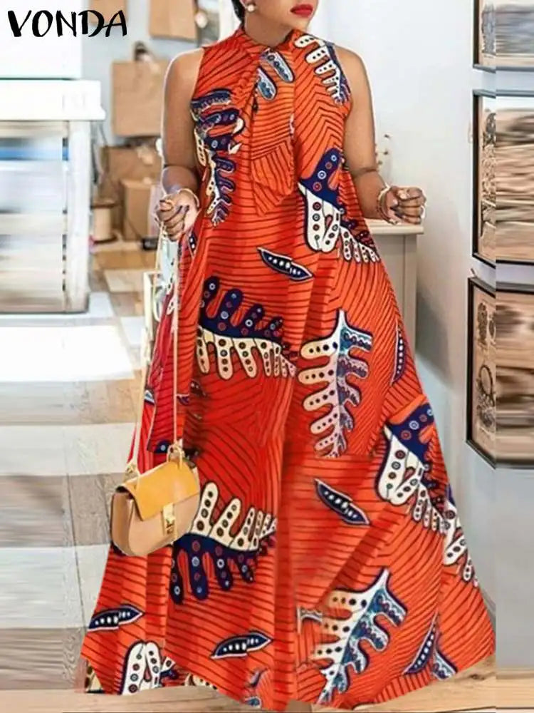 Plus Size 5XL VONDA Bohemian Summer Maxi Dress Women Floral Print Bow