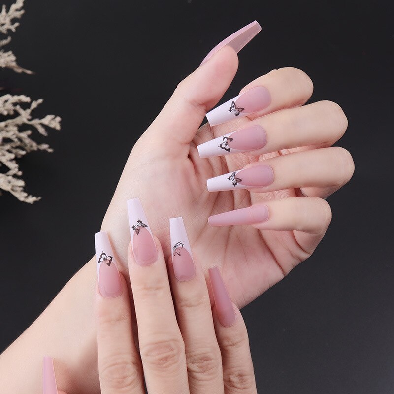 24pcs Strawberry Girl Long Ballet False Nails Art Removable Acrylic Press On Nail Tips