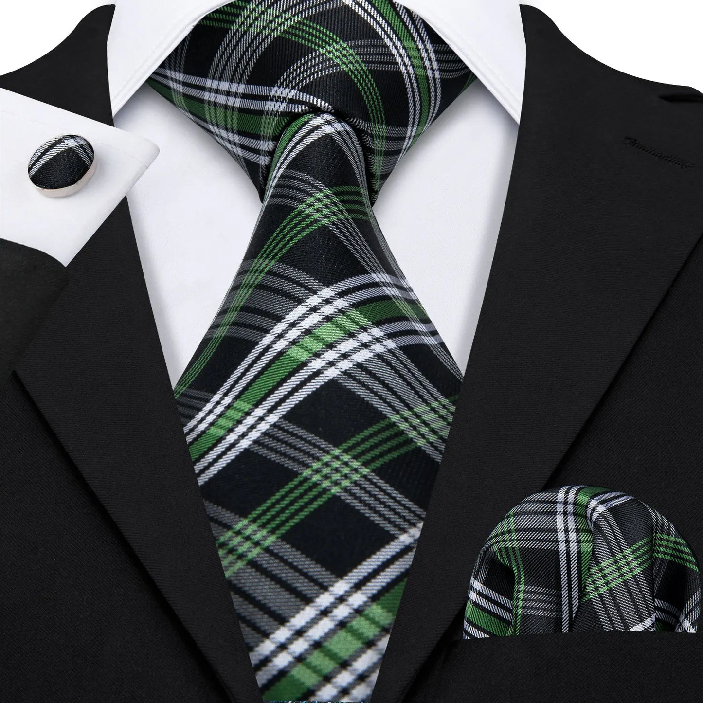 Barry.Wang Plaid Silk Men Tie Hanky Cufflinks Set Checked Jacquard Necktie for Male Formal Casual Wedding Business Party Events