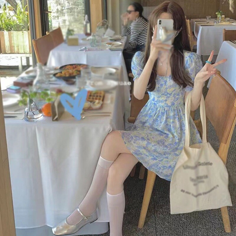 Sexy Y2k Mini Dress Summer Sweet Kawaii Women Retro Floral Puff Sleeve Fairy Dress