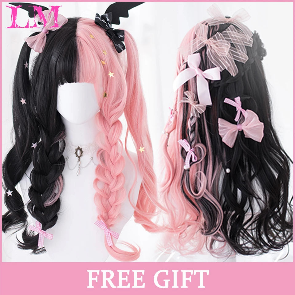 LM Synthetic Black Wig with Long Ponytail Short Straight Wig Lolita Cosplay Party Harajuku Blonde Wig With Bangs for Women
