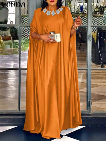 Plus Size 5XL VONDA Women Party Summer Long Maxi Dress Fashion Satin Sundress Bohemian Round Neck 3/4 Bat Sleeve Vestidos Robe