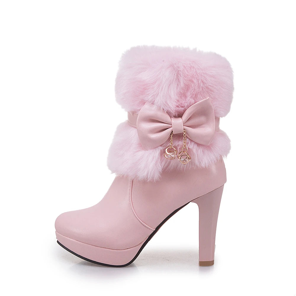 2025 Winter Womens Fashion High Heel Boots Pink White Black Fur Tassel Bowtie Lovely Lolita Ladies Party Wedding Shoes size32-43