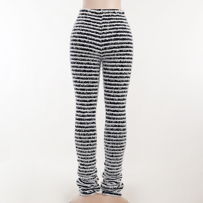 Sexy Women Winter Casual Panelled Knitted Pants Soft High Waist Fleece Stripe Patchwork Trouser