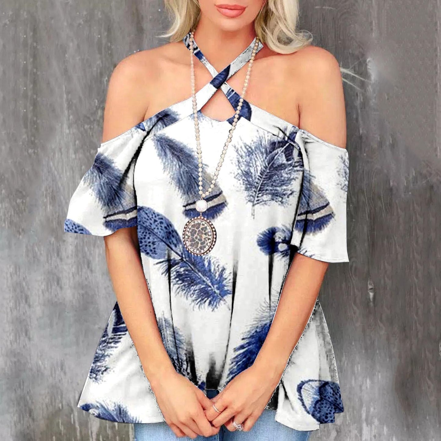 Fashion Print Off Shoulder Ladies Tops Summer Sexy V Neck Short Sleeve Casual Blouse 2022 Hot Women Outfits Party Dress Shirts