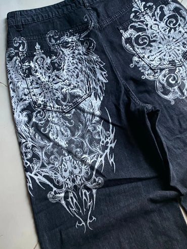 vintage style printing black baggy jeans harajuku trend men women hip hop fashion casual Joker couple Wide-leg pants streetwear