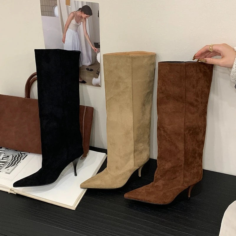 Aneikeh Autumn Winter Fashion Long Booties Shoes Thin Heels Concise Pointed Toe Pleated Knee-High Boots WomenZapatos De Mujer