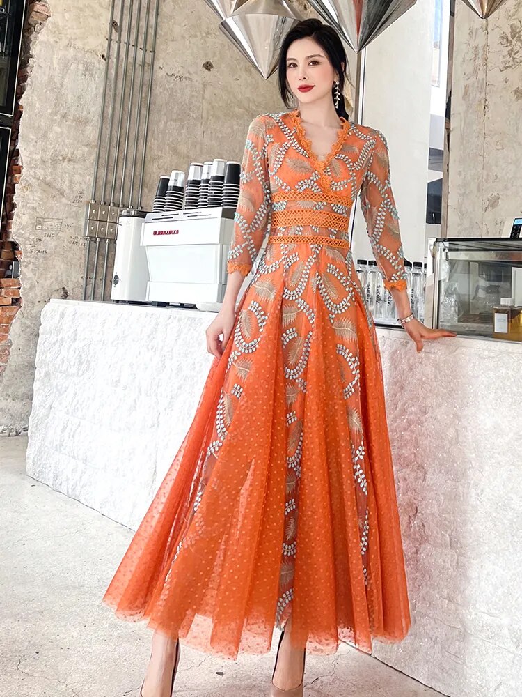 Delocah High Quality Spring Women Fashion Designer Mesh Long Dress Sex