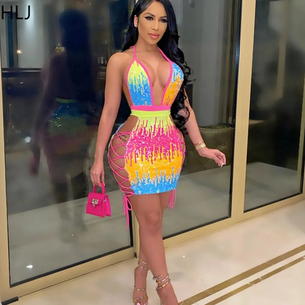 Sexy Sequin Deep V Party Nightclub Bodycon Mini Dresses Women Halter S –  Mega Mart Center