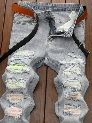 Spring and Autumn New Fashion Trend Sports Ripped Stretch Straight Leg Jeans Men's Casual Slim Breathable High-Quality Jeans