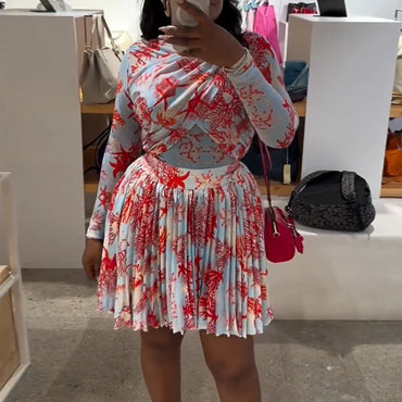 New African Fashion Women Dress set Leaf Print Long Sleeve O-neck Wrap Front Pleated Dress Vacation Party Birthday Dresses