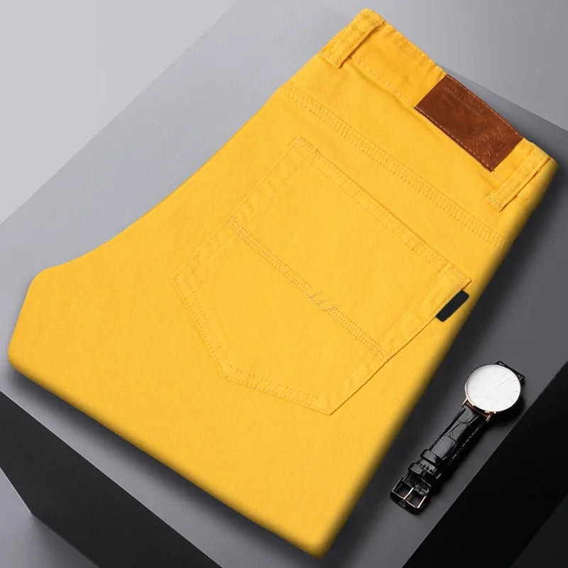 New High Quality Men's Trend Yellow Red White Jeans 2024 Spring Autumn Male High Waist Casual Pants Classic Brand Denim Trousers