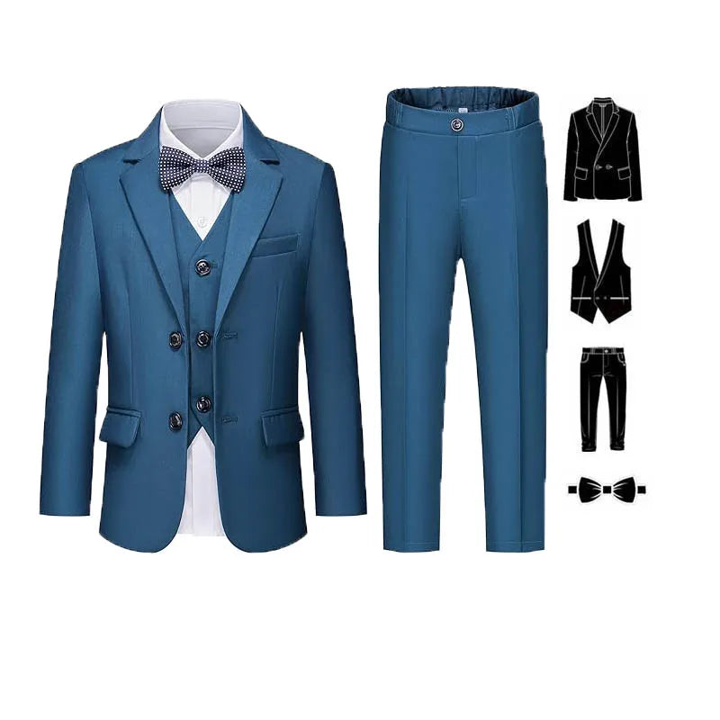 Gentleman Kids White Baptism Photograph Suit Children Slim Jacket Vest Pants Bowtie 4P Piano Dress Boys Prom Performance Costume