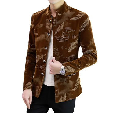 Luxury Retro Velvet Suit Jacket for Men Fashion Slim Fit Stand Collar Blazer Masculino Casual Business Wedding Dress Coat 2023