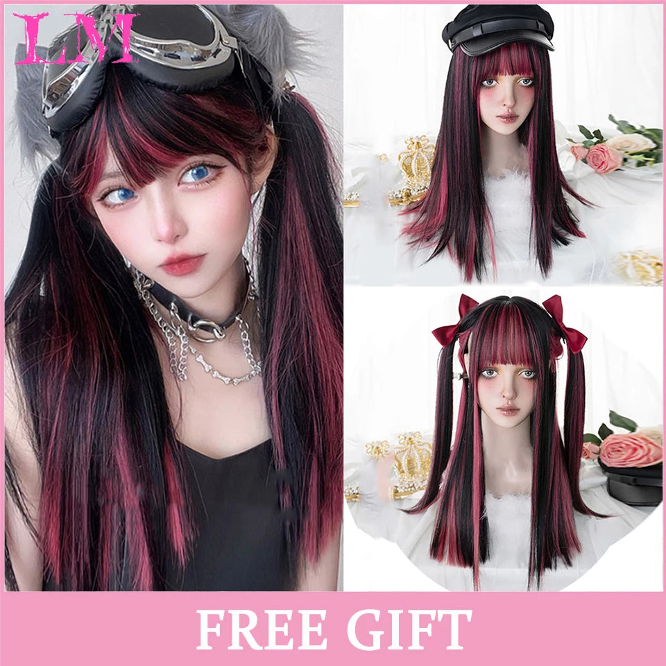 LM Synthetic Black Wig with Long Ponytail Short Straight Wig Lolita Cosplay Party Harajuku Blonde Wig With Bangs for Women