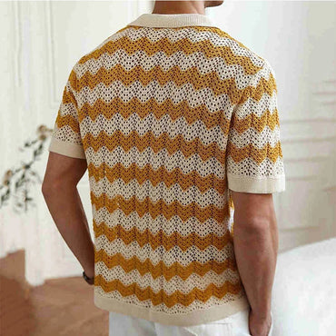 Mens Beach Vintage Striped Crochet Knit Cardigans Men Summer Trendy Lapel Button-up Shirt New Casual Hollow Out Knitted Shirts