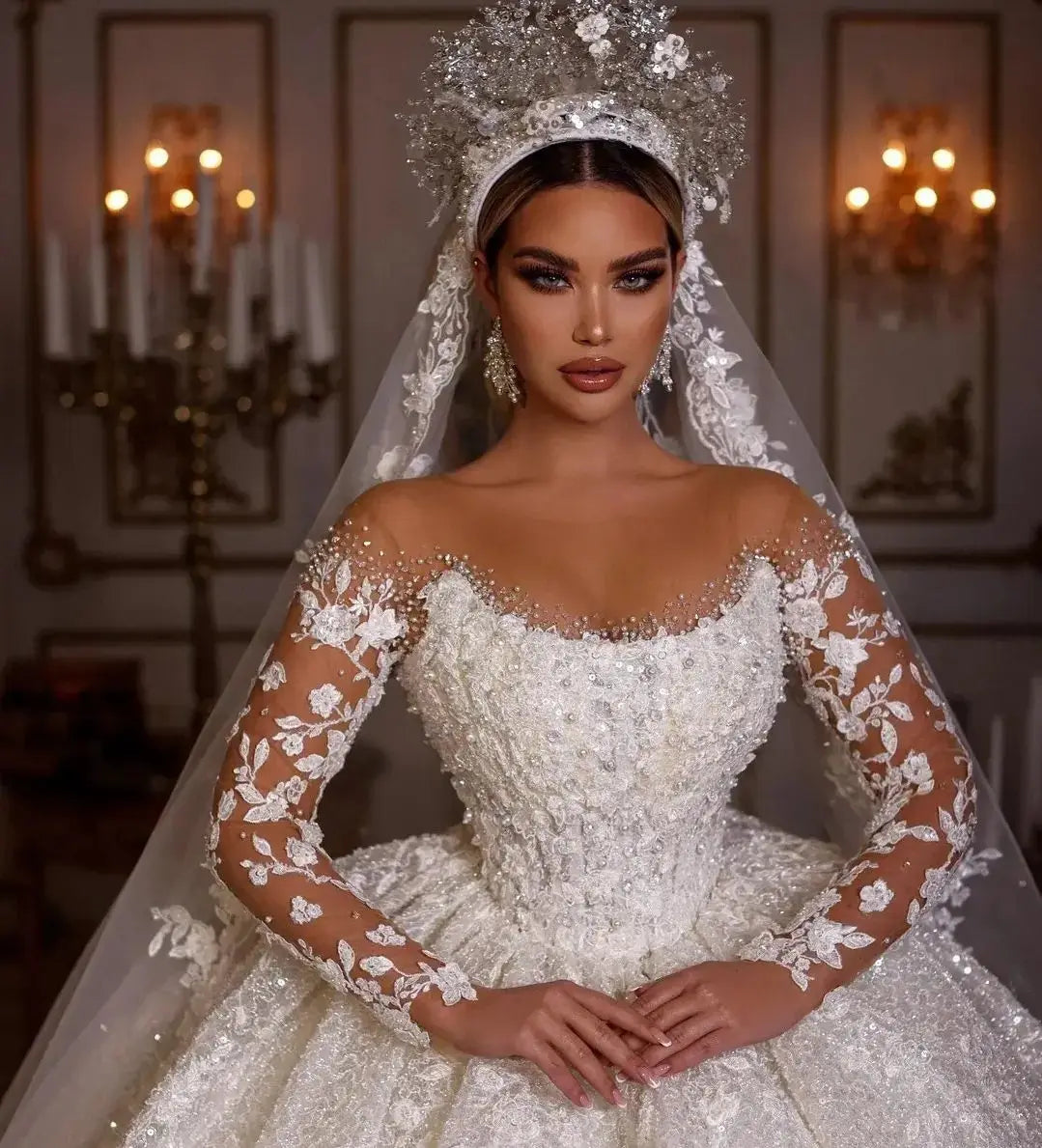 Princess Wedding Dresses Vintage Lace Up Ball Gowns Beading Bridal Shi –  Mega Mart Center