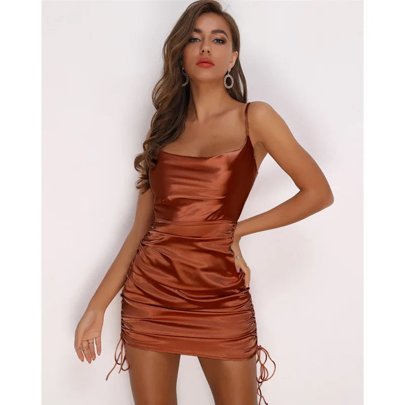 Josiaoprah Satin Mini Summer Dress Women Ruched Pleated Sleeveless Short Beach Dress Drawstring Casual Dress Female Vestidos