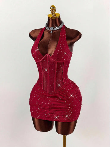 Red Halter Neck Rhinestone Mini Dress with Corset Waist for Party Club Night
