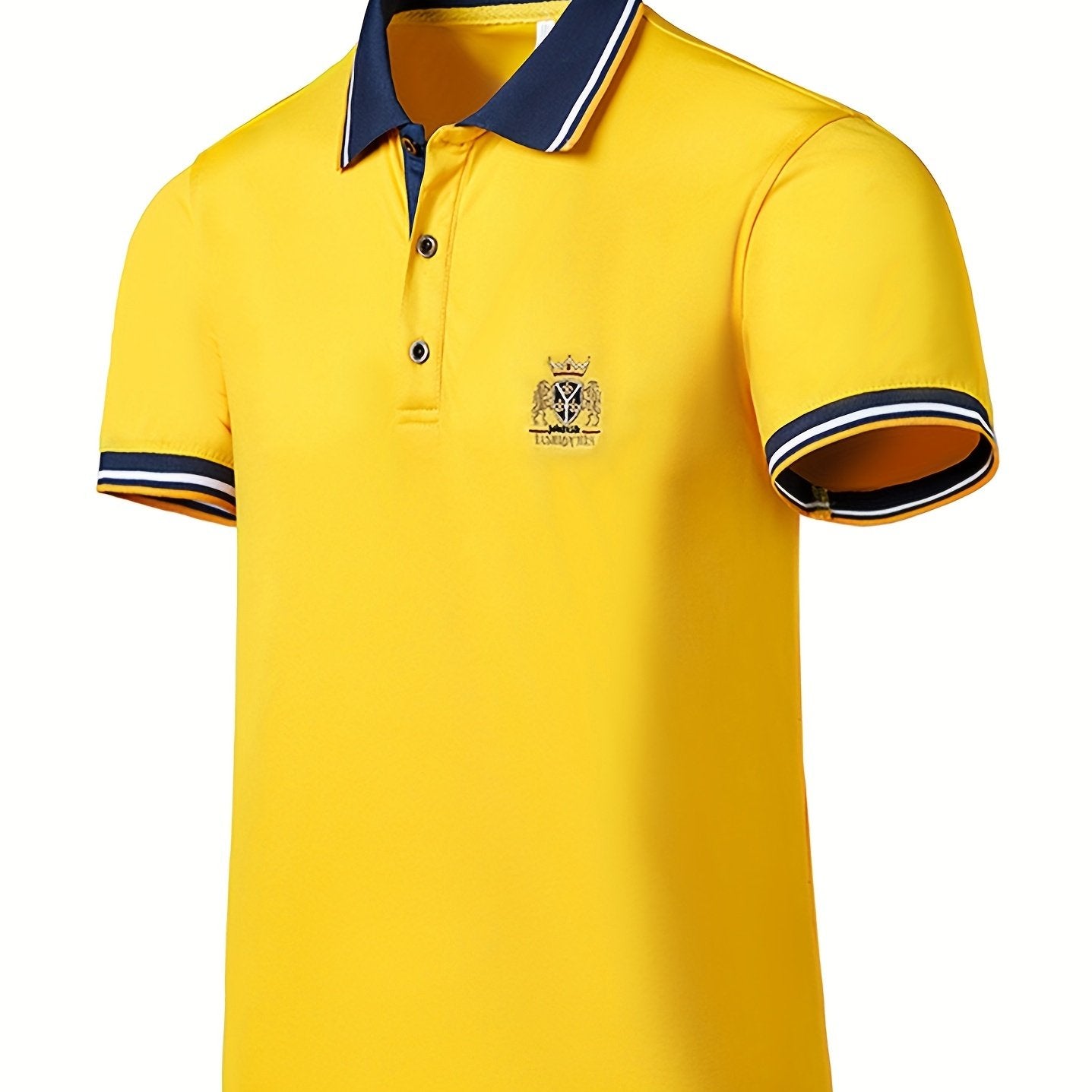 Men's Casual Shirt - Vibrant Red with Golden Embroidered Crest, Short Sleeve Summer Shirt, Regular Fit, Black & Yellow Trim Collar, Breathable Fabric for Casual & Semi-Formal Wear, Contrast Stripe Detailing