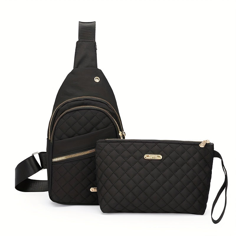 Large Capacity Chest Bag for Women - Adjustable Embroidered Crossbody Bag with Zipper Closure, Polyester Lining, Foldable, and Random Printing - Urban Solid Color Nylon Bag with Comfortable Strap